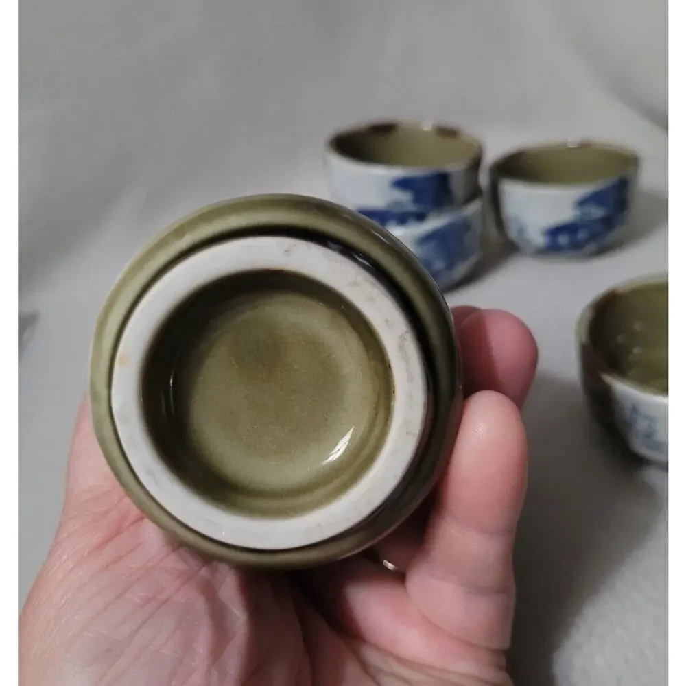 Vtg Set 5 Sake Rice Green Pottery Japanese Drink Cups Pitcher Pinch Pottery